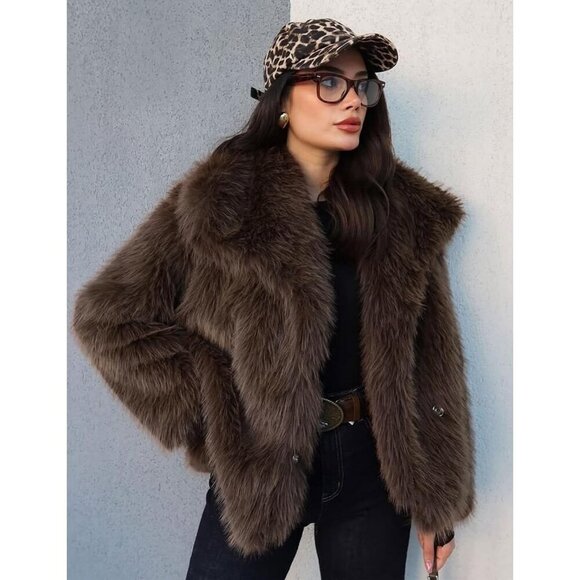Womens Coffee Faux Fur Coat Shaggy Fluffy Jacket Long Sleeve Warm Winter Outwear - Picture 2 of 7